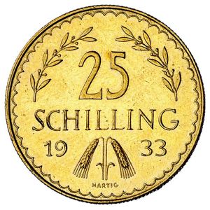 25 Schilling osztrák aranyérme 1. Köztársaság